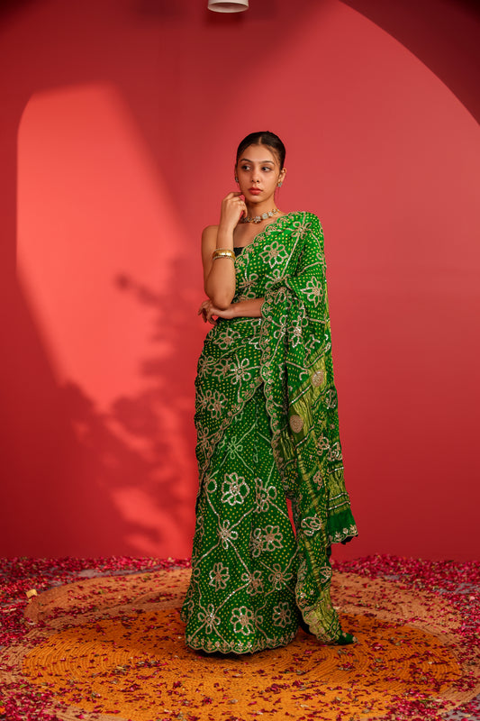 Anushuya Handcrafted Gajji Checks Bandhani Saree