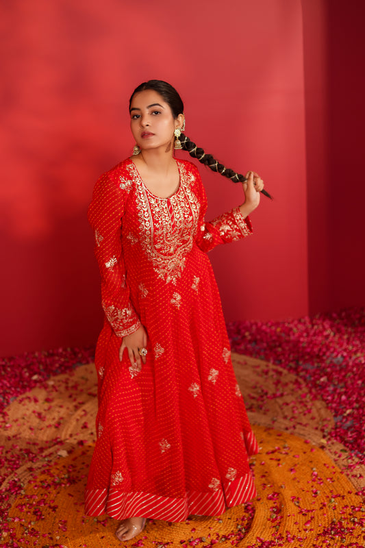 AHELIYA RED MOTHRA ANARKALI SET