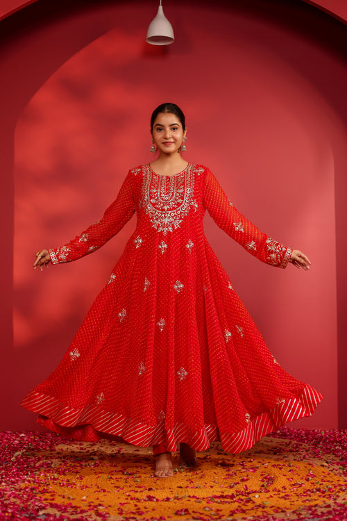 Aheliya Red Mothra Anarkali Set
