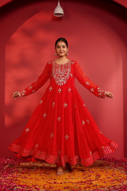 AHELIYA RED MOTHRA ANARKALI SET