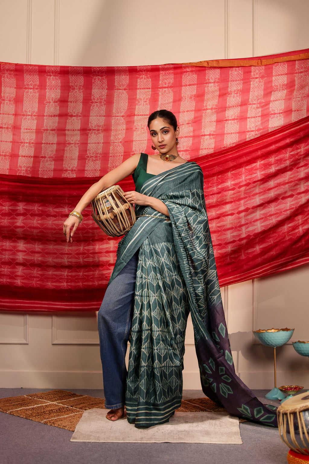 Maahira Grey Tussar Shibori Handcrafted Saree