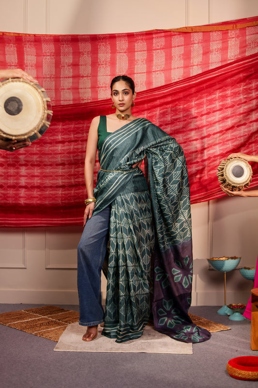 MAAHIRA GREY TUSSAR SHIBORI HANDCRAFTED SAREE
