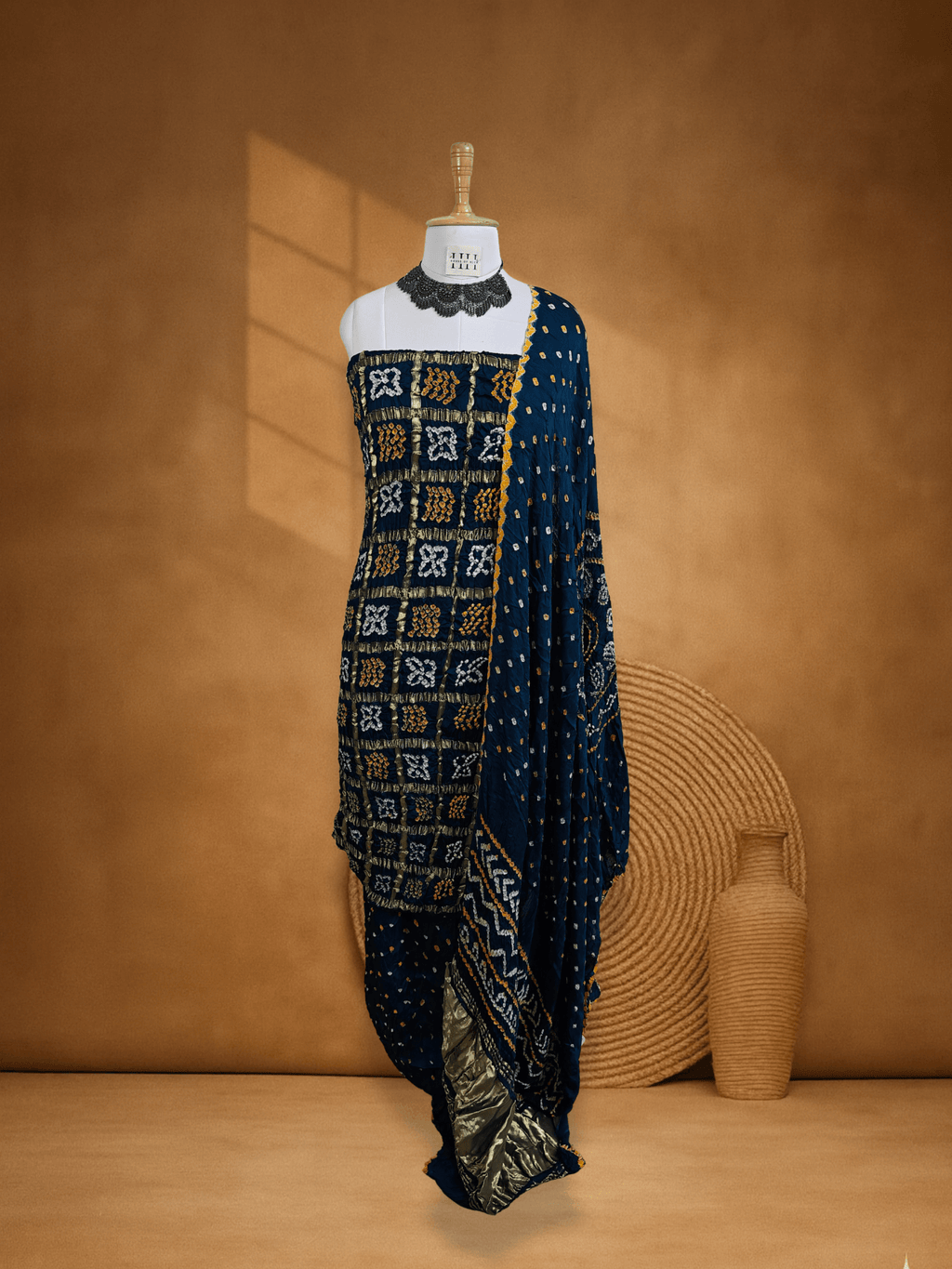 Teal Blue Gajji Silk Bandhani Suit