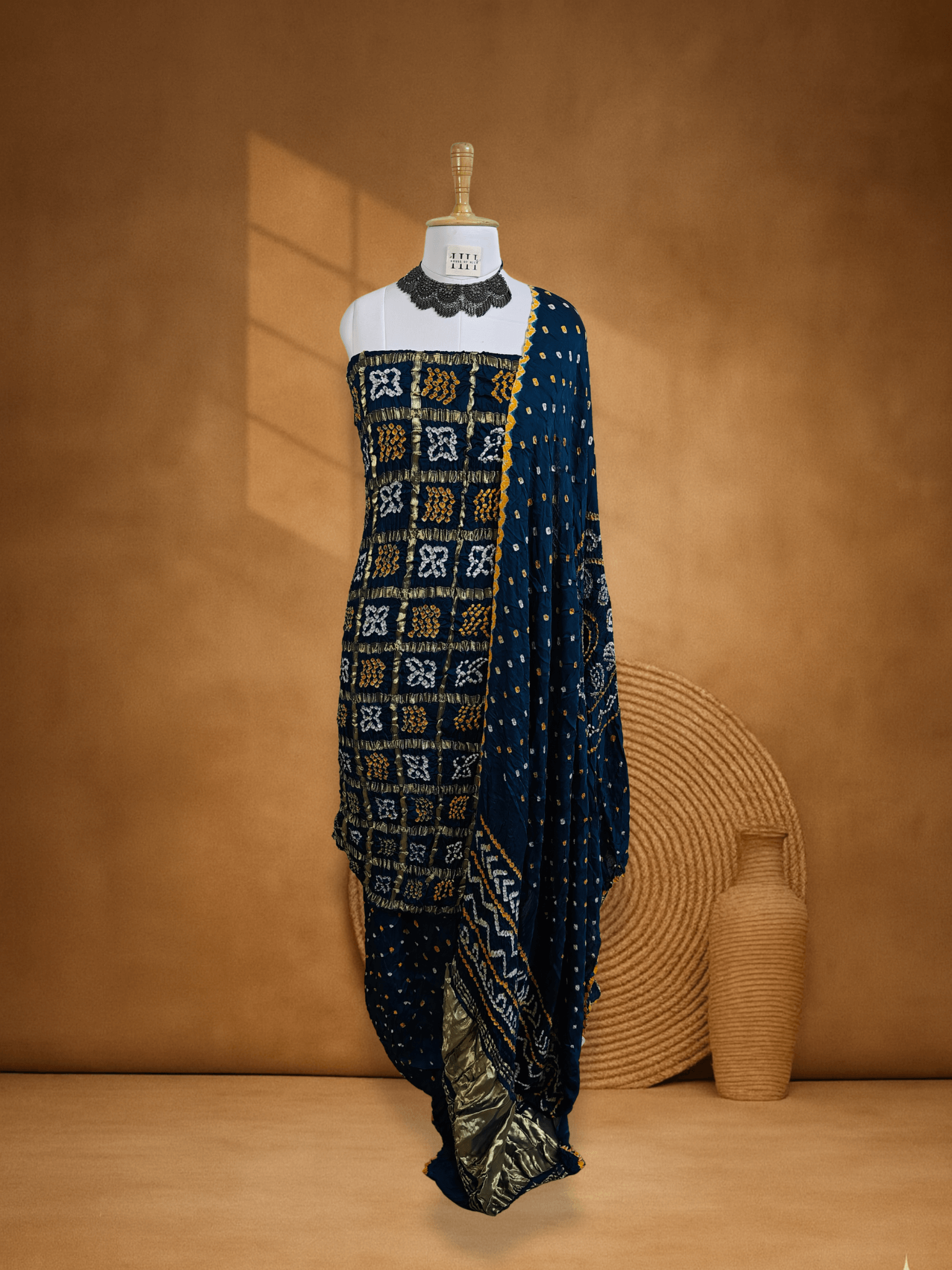 Teal Blue Gajji Silk Bandhani Suit