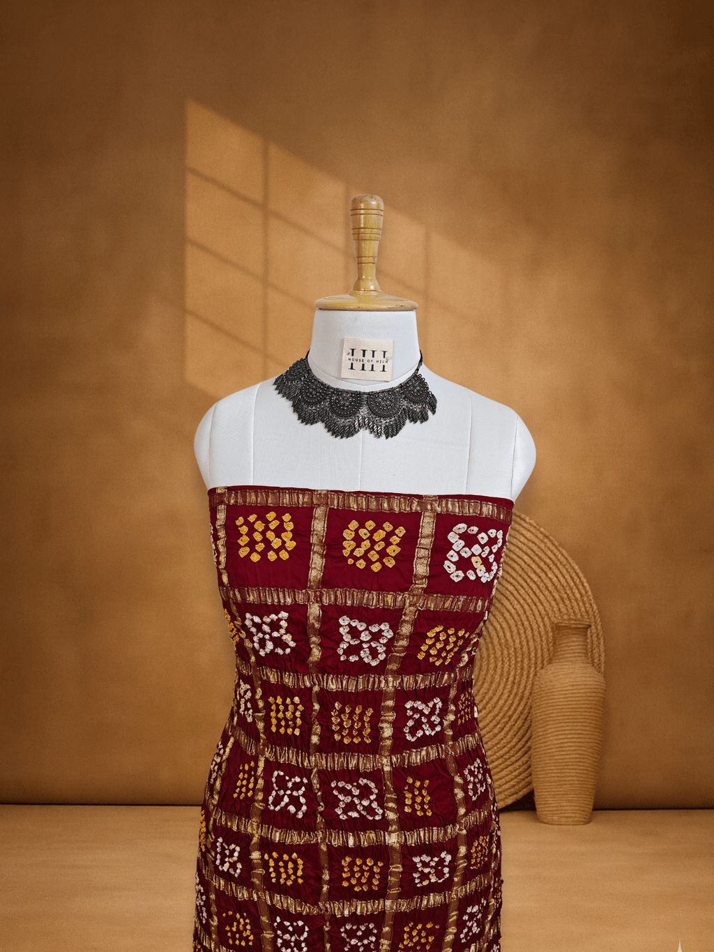Deep Red Gajji Silk Checks Bandhani Suit