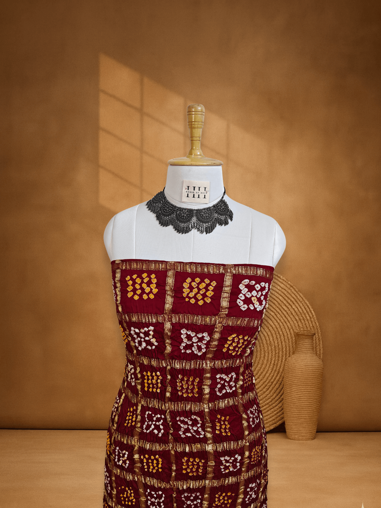 Deep Red Gajji Silk Checks Bandhani Suit