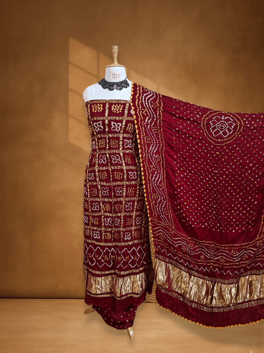 Deep Red Gajji Silk Checks Bandhani Suit