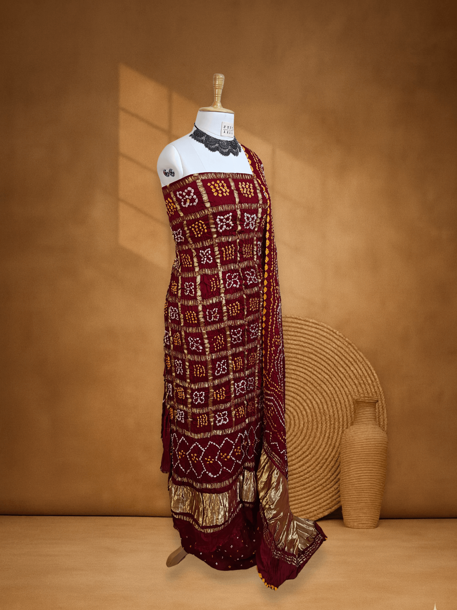 Deep Red Gajji Silk Checks Bandhani Suit