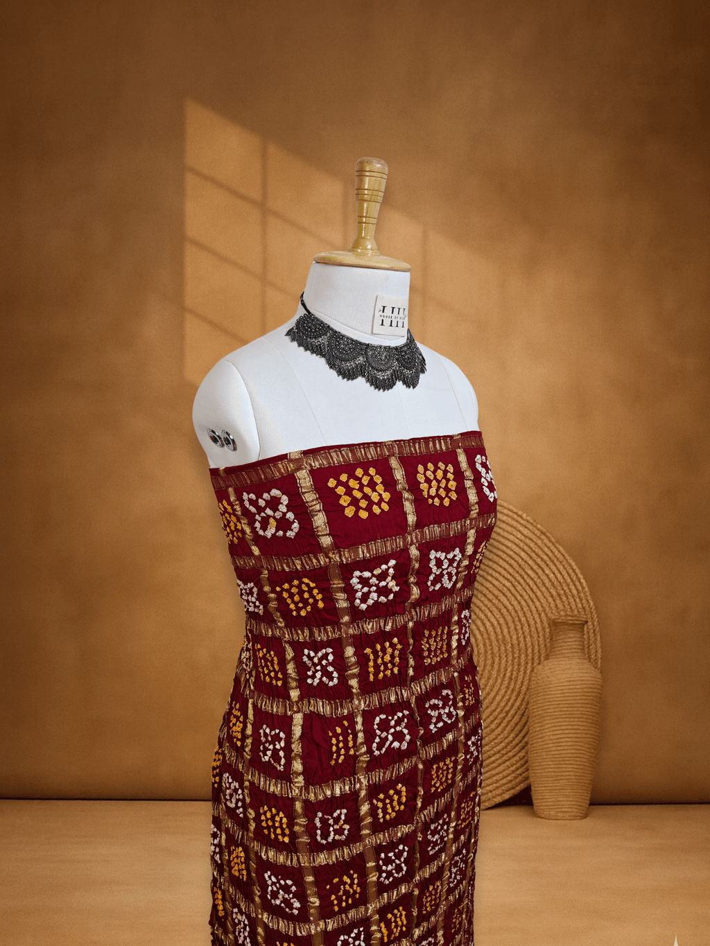 Deep Red Gajji Silk Checks Bandhani Suit