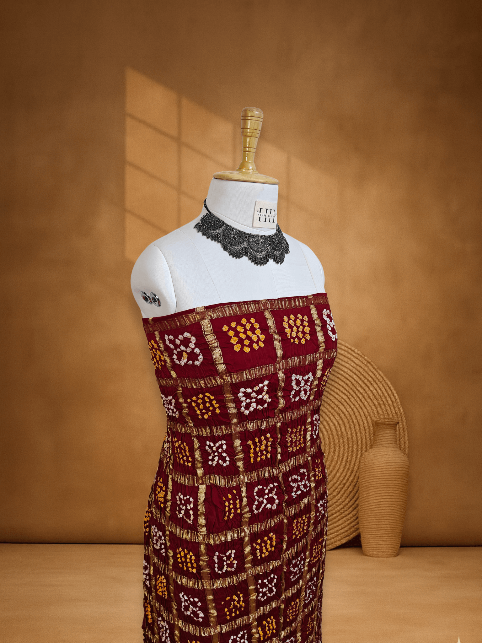 Deep Red Gajji Silk Checks Bandhani Suit