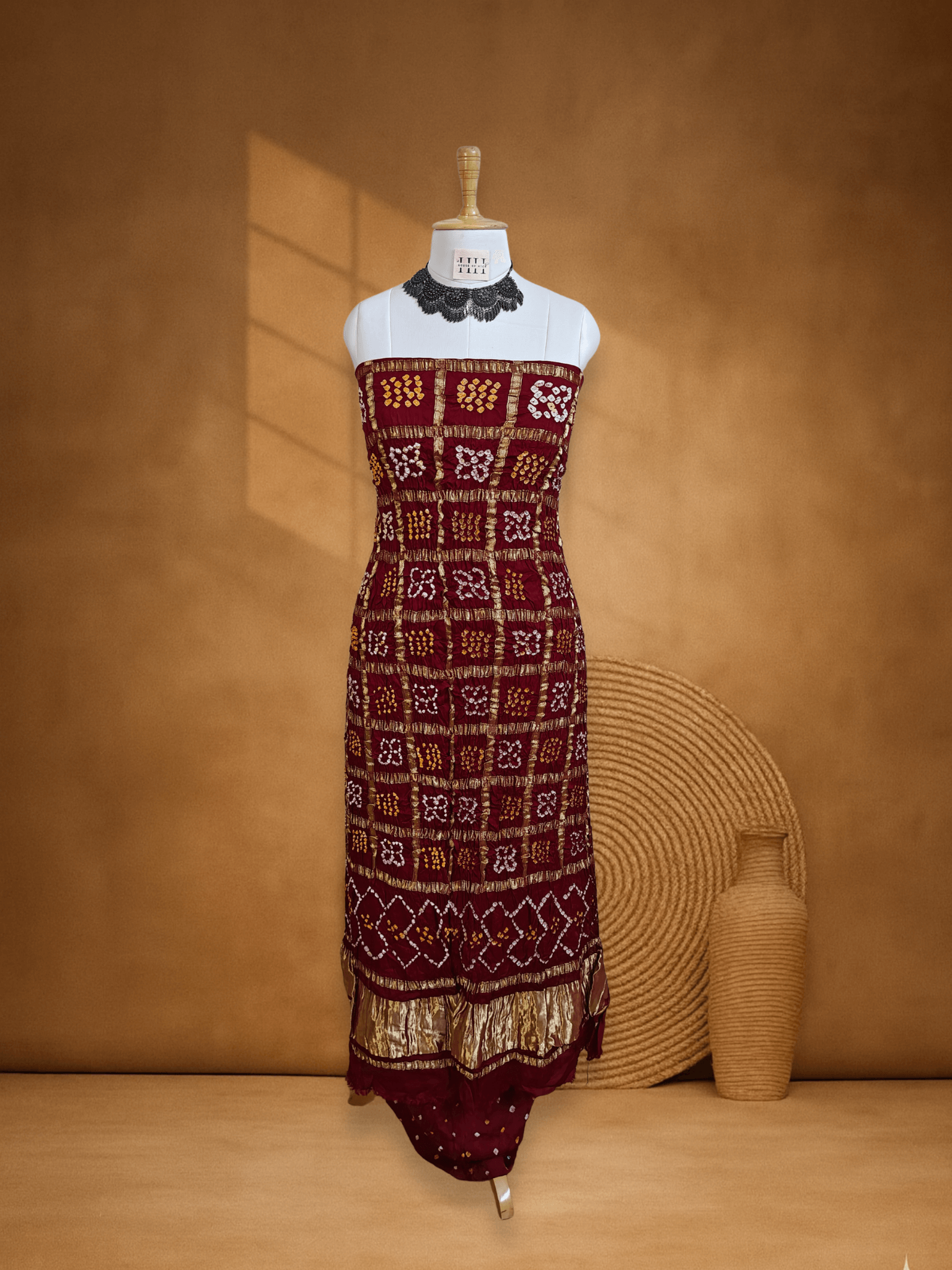 Deep Red Gajji Silk Checks Bandhani Suit