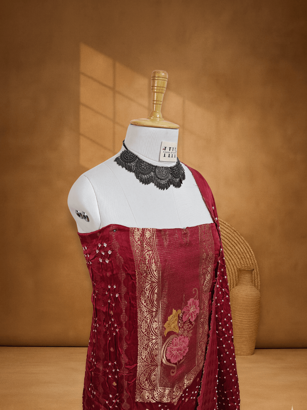 Rust Maroon Pichwai Banarsi Weave Bandhani Suit