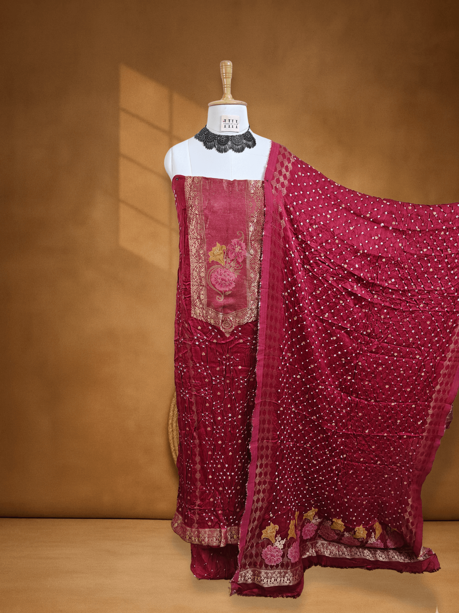 Rust Maroon Pichwai Banarsi Weave Bandhani Suit