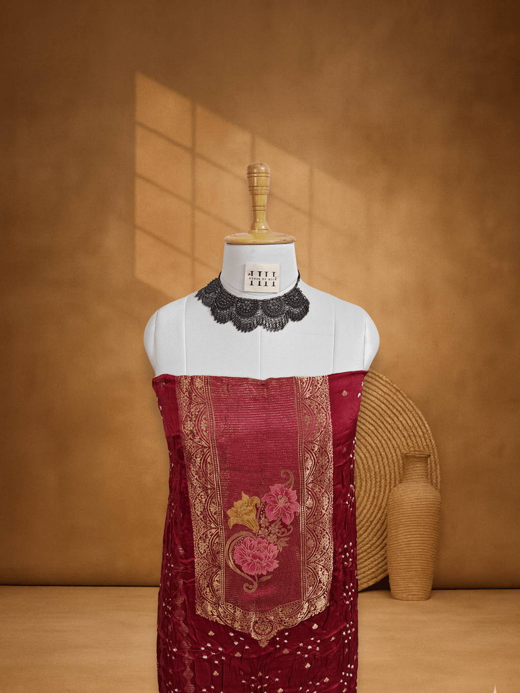 Rust Maroon Pichwai Banarsi Weave Bandhani Suit