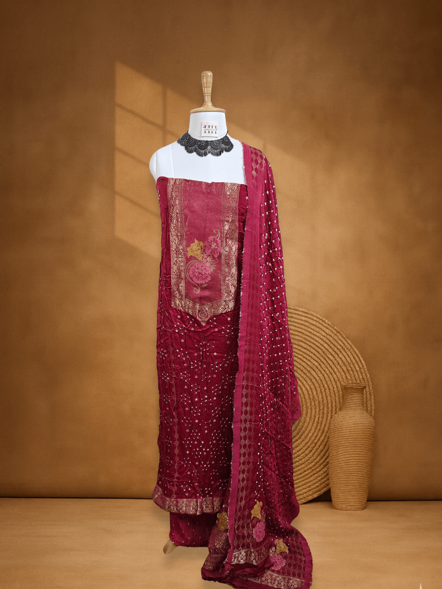 Rust Maroon Pichwai Banarsi Weave Bandhani Suit