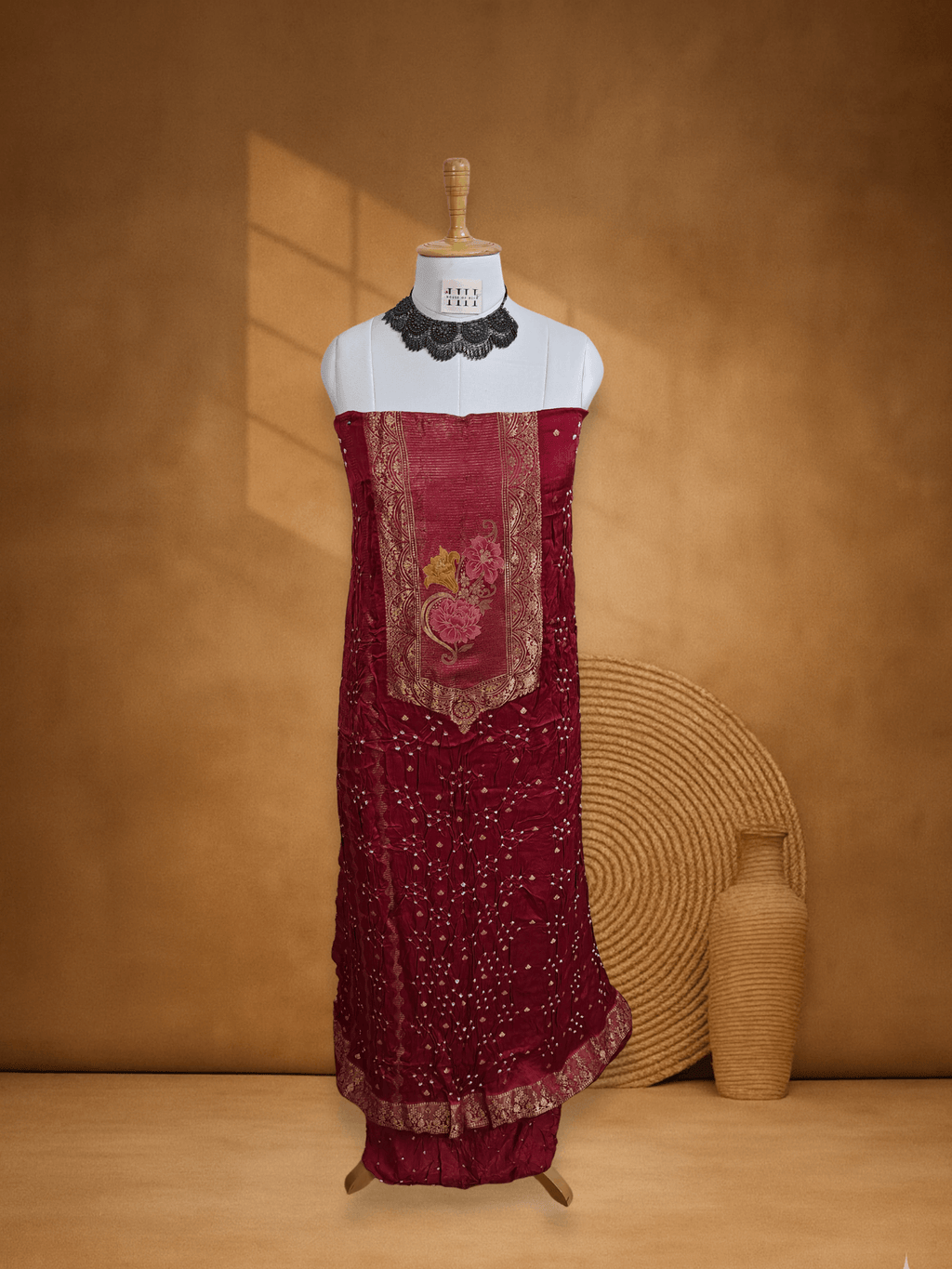 Rust Maroon Pichwai Banarsi Weave Bandhani Suit