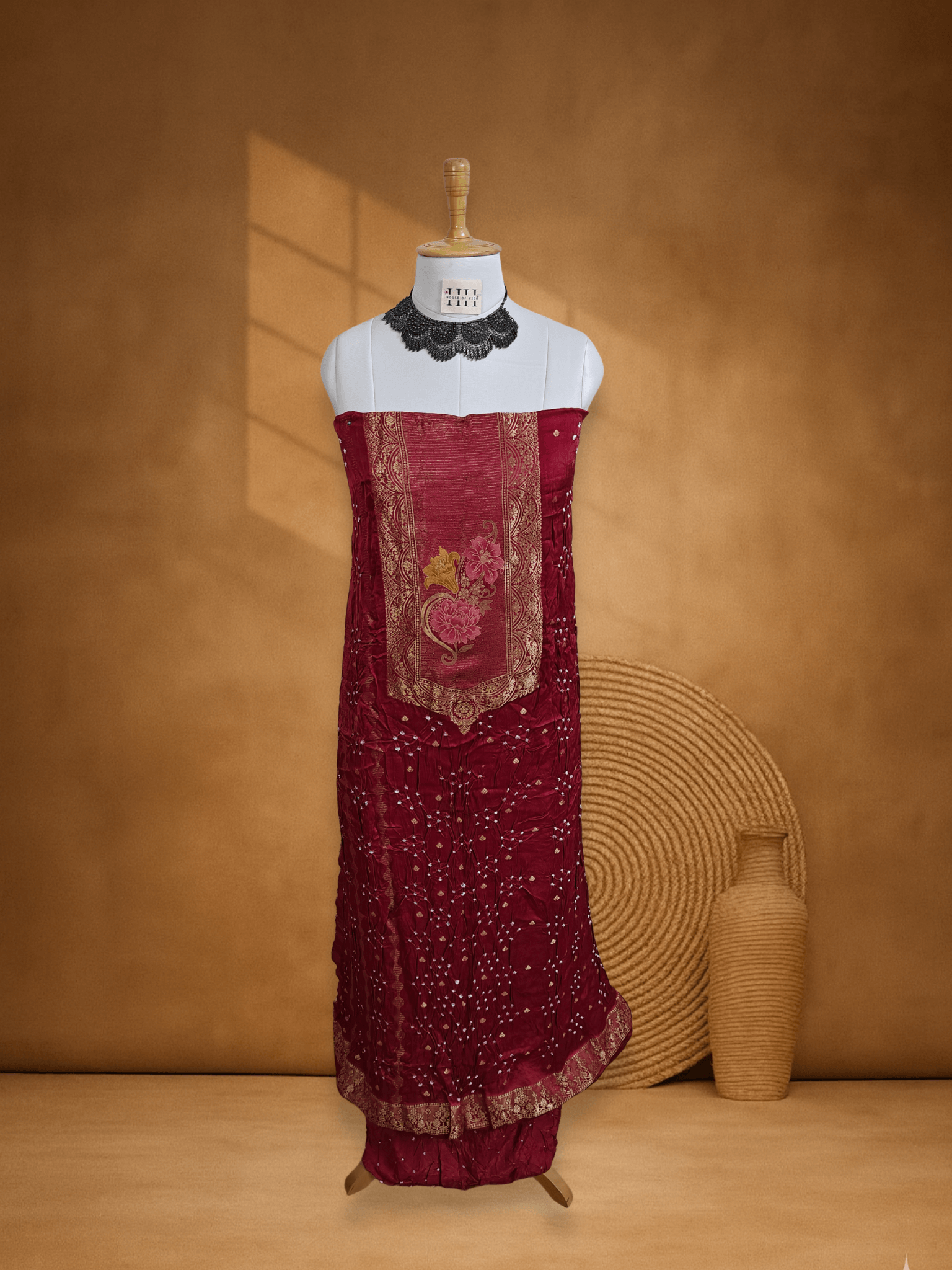 Rust Maroon Pichwai Banarsi Weave Bandhani Suit