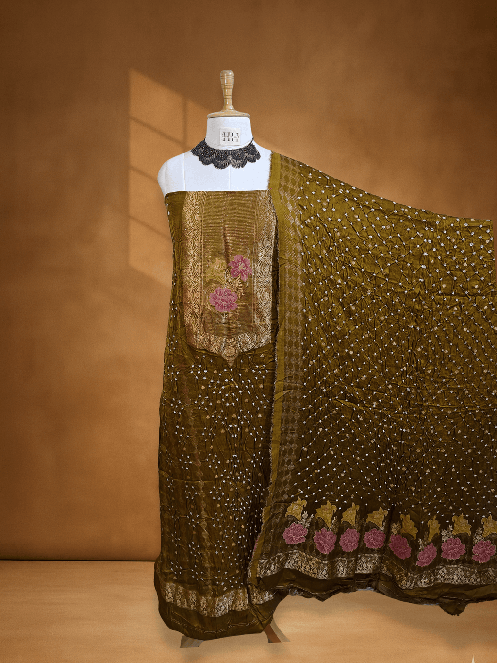 Olive Green Pichwai Banarsi Weave Bandhani Suit