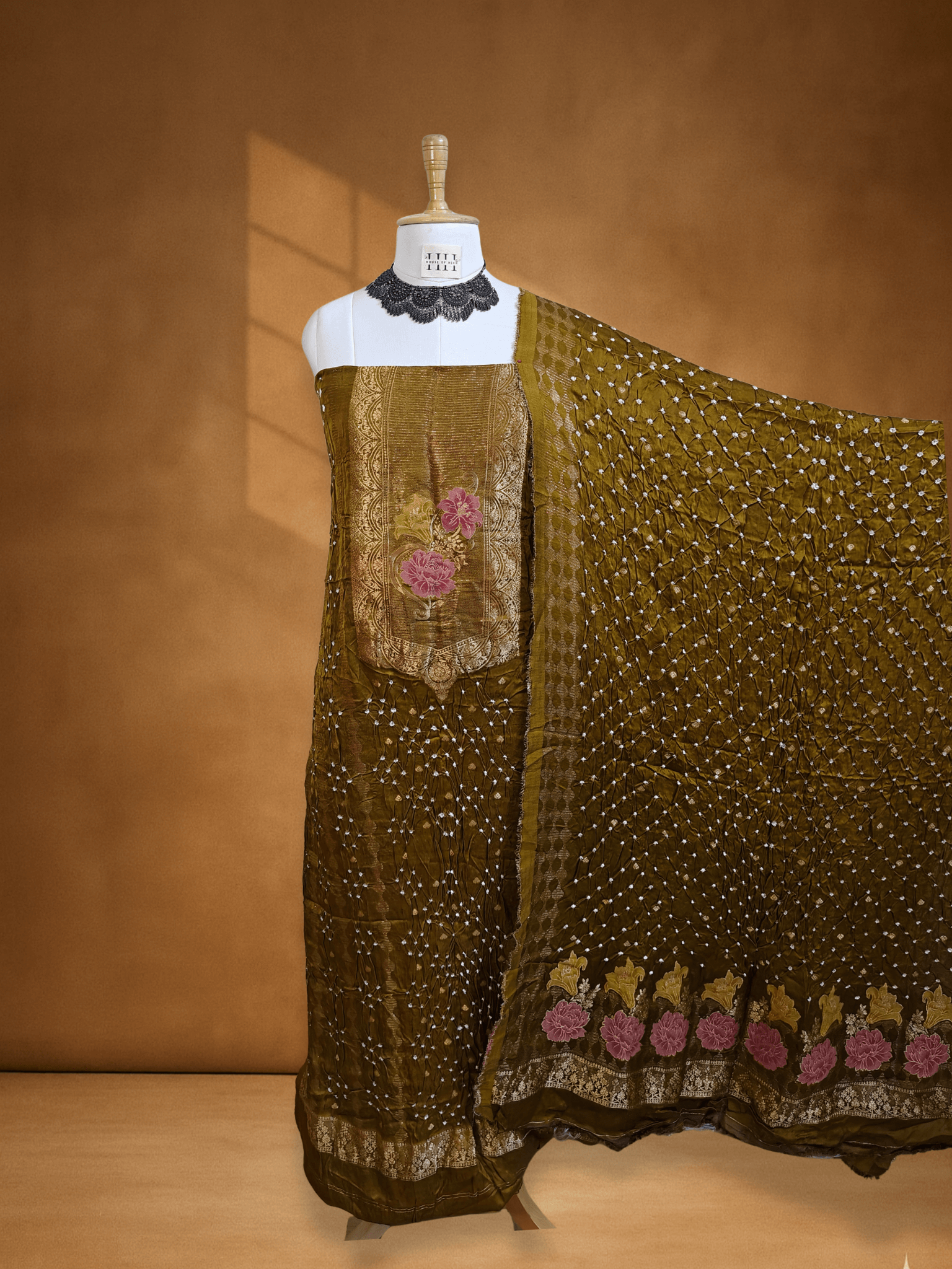 Olive Green Pichwai Banarsi Weave Bandhani Suit