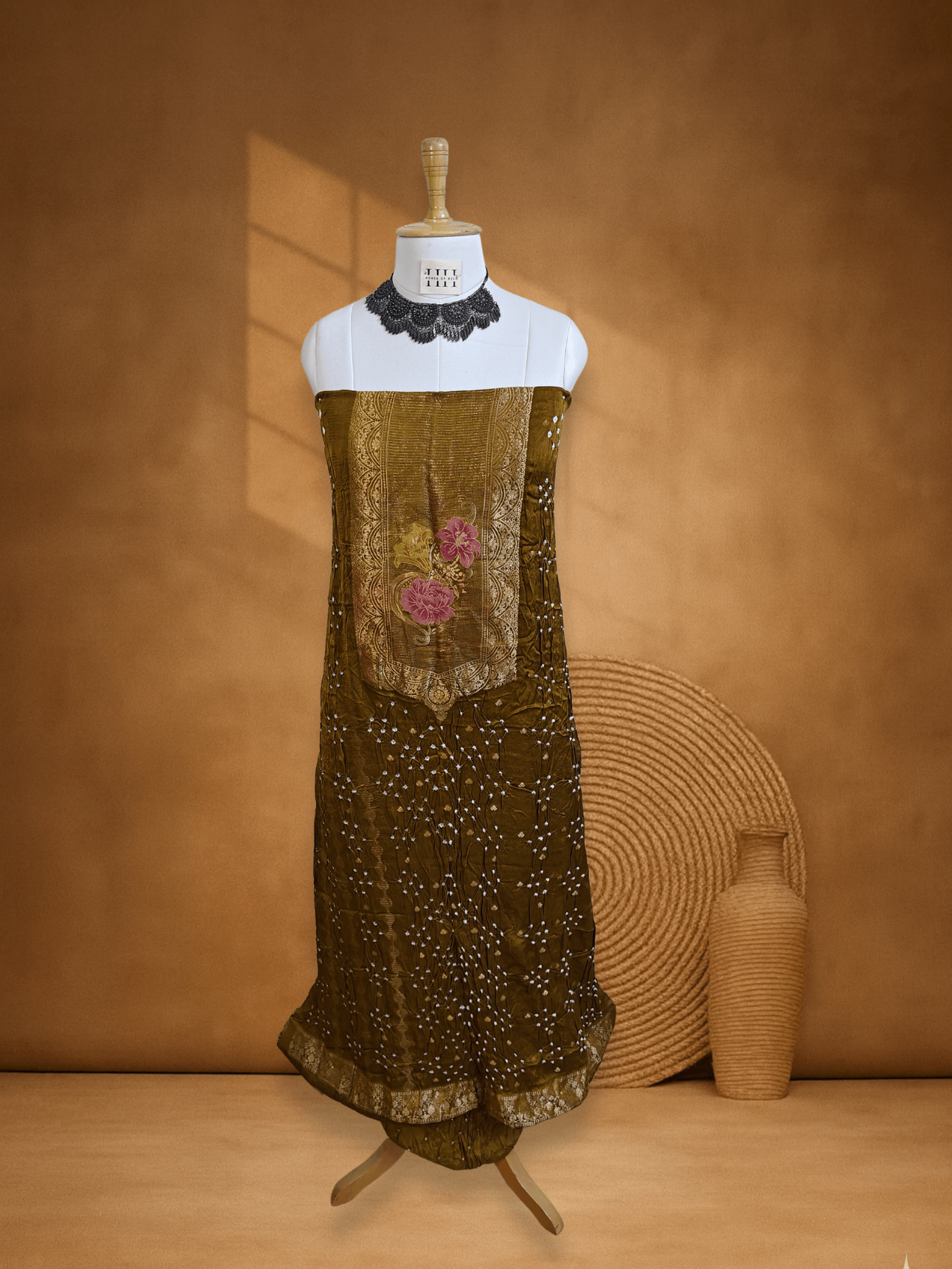 Olive Green Pichwai Banarsi Weave Bandhani Suit