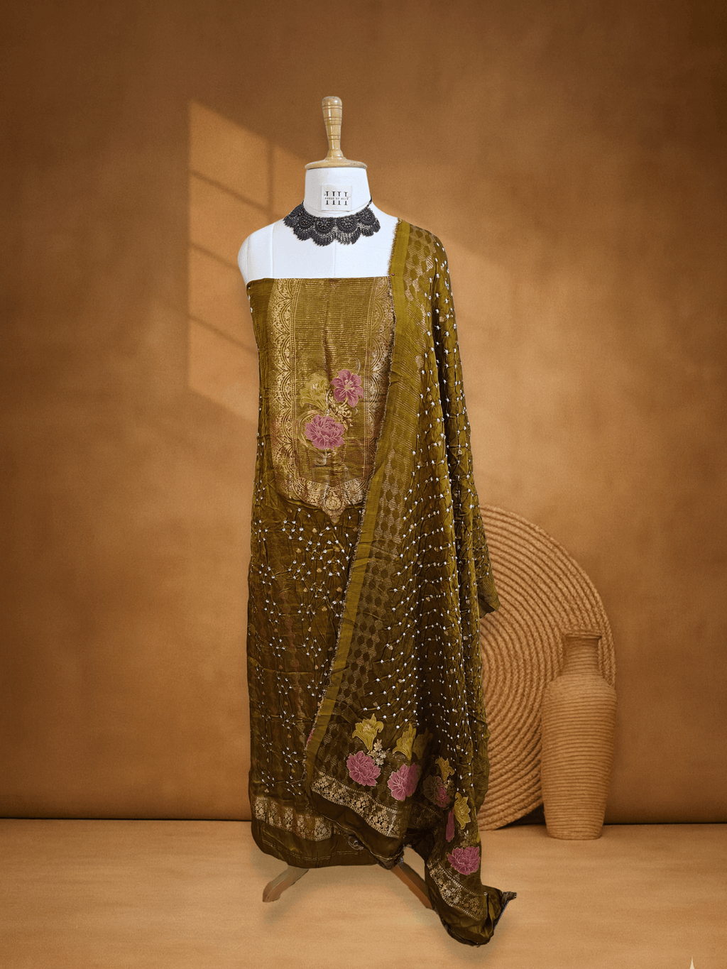 Olive Green Pichwai Banarsi Weave Bandhani Suit